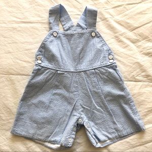 Blue white seersucker shortall adjustable overall